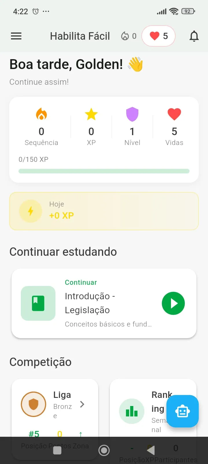 Habilita Fácil - Tela do app com simulados, XP, sequência e lições